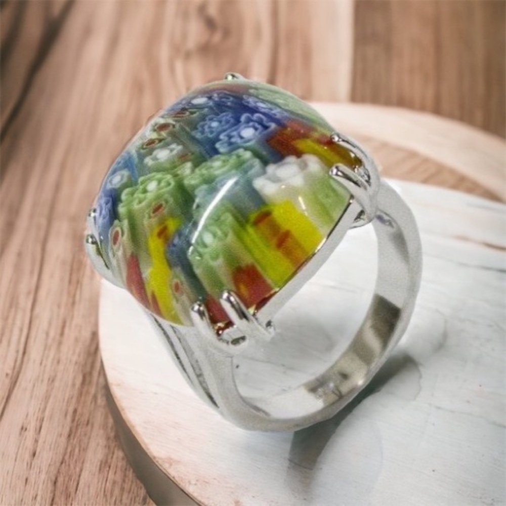 R. S. Covenant: Rhodium Plated Cocktail Ring Floral Stone
